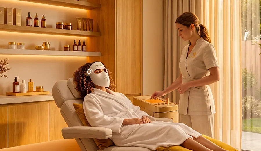 Inzoli face mask shown as an at-home alternative to clinic phototherapy