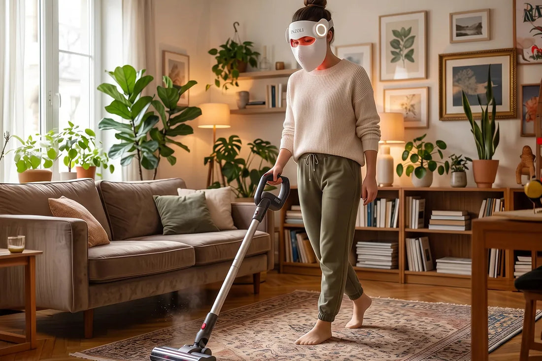 Woman wearing the cordless Inzoli face mask while doing household chores