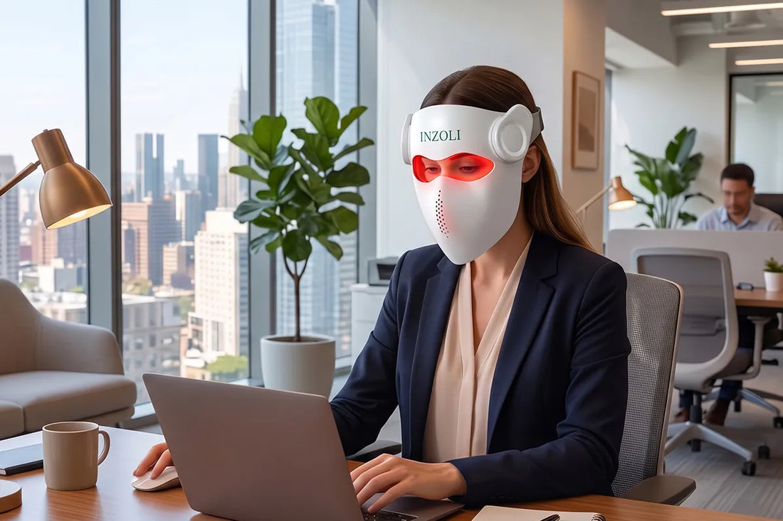 Woman wearing the Inzoli face mask while working at a desk